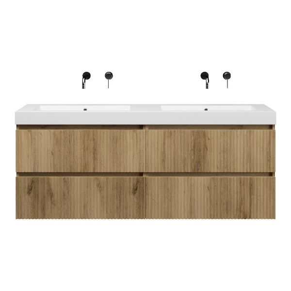 Bellanti Silvan/Esta-Q badmeubel 160x46 4 softclose laden met ribbel - latjes structuur warm eiken greeploos quartz dubbele wastafel mat wit zonder kraangaten
