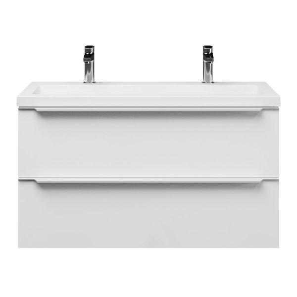 Bellanti Ambra/Esta ondiep badmeubel 100x36 2 softclose laden wit hoogglans met greep naar keuze polystone wastafel wit met 2 kraangaten