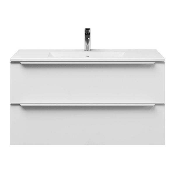 Bellanti Ambra/Faro ondiep badmeubel 100x36 2 softclose laden wit hoogglans met greep naar keuze keramische wastafel wit met 1 kraangat