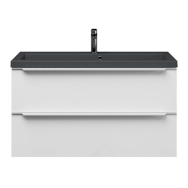 Bellanti Ambra/Esta-Q ondiep badmeubel 100x36 2 softclose laden wit hoogglans met greep naar keuze met quartz wastafel mat grijs met 1 kraangat met overloop