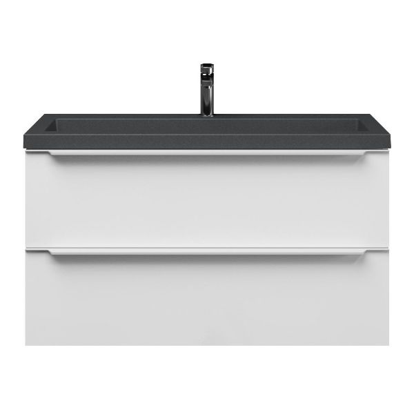Bellanti Ambra/Esta-Q ondiep badmeubel 100x36 2 softclose laden wit hoogglans met greep naar keuze met quartz wastafel mat grijs met 1 kraangat zonder overloop