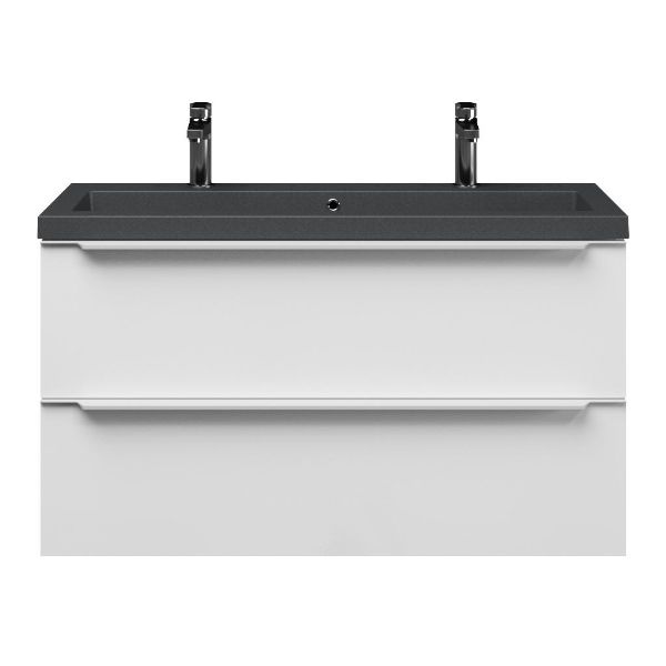 Bellanti Ambra/Esta-Q ondiep badmeubel 100x36 2 softclose laden wit hoogglans met greep naar keuze met quartz wastafel mat grijs met 2 kraangaten met overloop