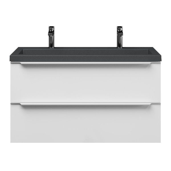 Bellanti Ambra/Esta-Q ondiep badmeubel 100x36 2 softclose laden wit hoogglans met greep naar keuze met quartz wastafel mat grijs met 2 kraangaten zonder overloop