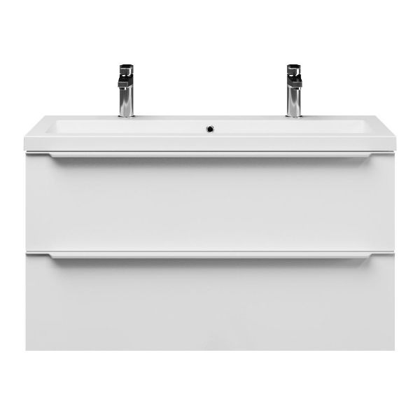 Bellanti Ambra/Esta-Q ondiep badmeubel 100x36 2 softclose laden wit hoogglans met greep naar keuze met wastafel mat wit met 2 kraangaten met overloop