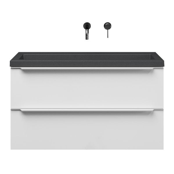 Bellanti Ambra/Esta-Q ondiep badmeubel 100x36 2 softclose laden wit hoogglans met greep naar keuze met quartz wastafel mat grijs zonder kraangat zonder overloop