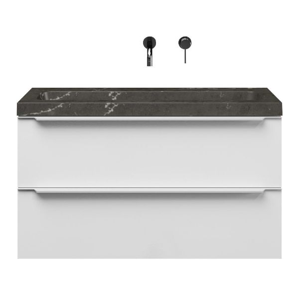 Bellanti Ambra/stone ondiep badmeubel 100x36 2 softclose laden hoogglans wit met greep naar keuze natuursteen bluestone wastafel zonder kraangaten
