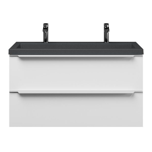 Bellanti Ambra/Esta-Q ondiep badmeubel 100x36 2 softclose laden mat wit met greep naar keuze met quartz wastafel mat grijs met 2 kraangaten zonder overloop