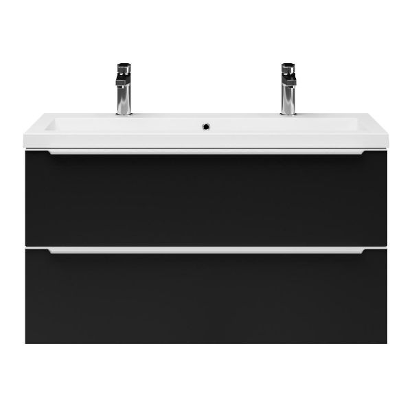 Bellanti Ambra/Esta ondiep badmeubel 100x36 2 softclose laden mat zwart met greep naar keuze polystone wastafel wit met 2 kraangaten