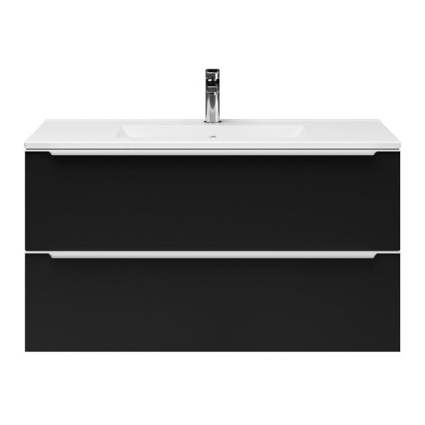 Bellanti Ambra/Faro ondiep badmeubel 100x36 2 softclose laden mat zwart met greep naar keuze keramische wastafel wit met 1 kraangat