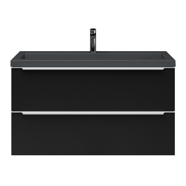 Bellanti Ambra/Esta-Q ondiep badmeubel 100x36 2 softclose laden mat zwart met greep naar keuze met quartz wastafel mat grijs met 1 kraangat zonder overloop