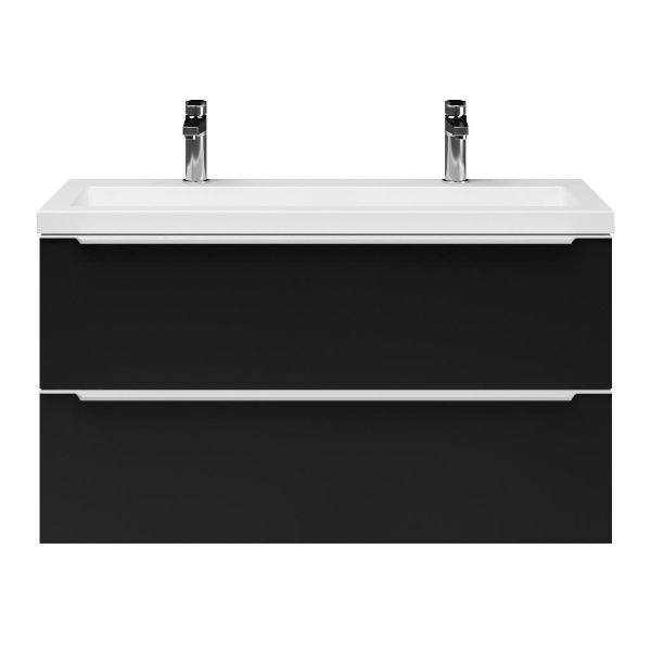 Bellanti Ambra/Esta-Q ondiep badmeubel 100x36 2 softclose laden mat zwart met greep naar keuze met wastafel mat wit met 2 kraangaten zonder overloop