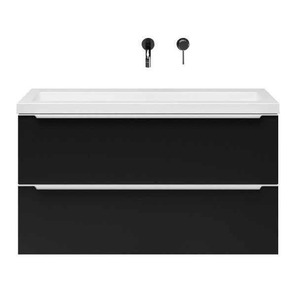 Bellanti Ambra/Esta-Q ondiep badmeubel 100x36 2 softclose laden mat zwart met greep naar keuze met quartz wastafel mat wit zonder kraangat zonder overloop