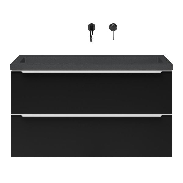 Bellanti Ambra/Esta-Q ondiep badmeubel 100x36 2 softclose laden mat zwart met greep naar keuze met quartz wastafel mat grijs zonder kraangat zonder overloop
