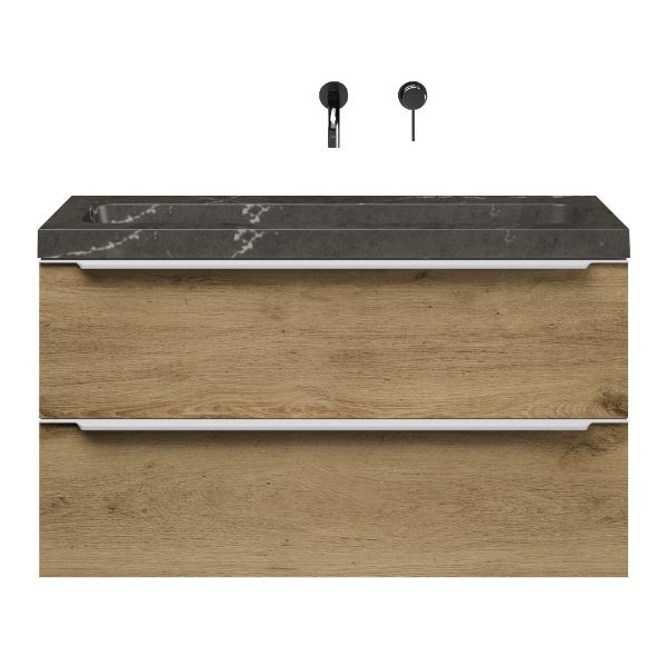 Bellanti Ambra/stone ondiep badmeubel 100x36 2 softclose laden eiken warm met greep naar keuze natuursteen bluestone wastafel zonder kraangaten