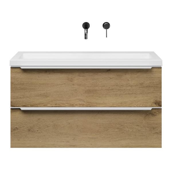 Bellanti Ambra/Esta-Q ondiep badmeubel 100x36 2 softclose laden warm eiken met greep naar keuze met quartz wastafel mat wit zonder kraangat zonder overloop