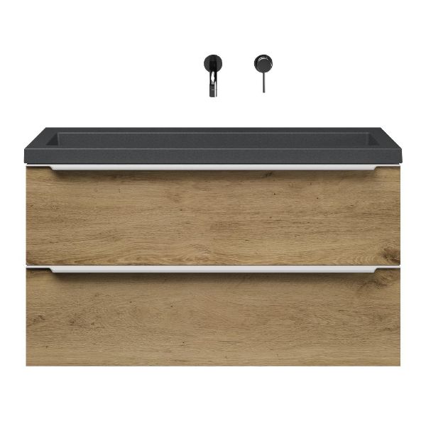 Bellanti Ambra/Esta-Q ondiep badmeubel 100x36 2 softclose laden warm eiken met greep naar keuze met quartz wastafel mat grijs zonder kraangat zonder overloop