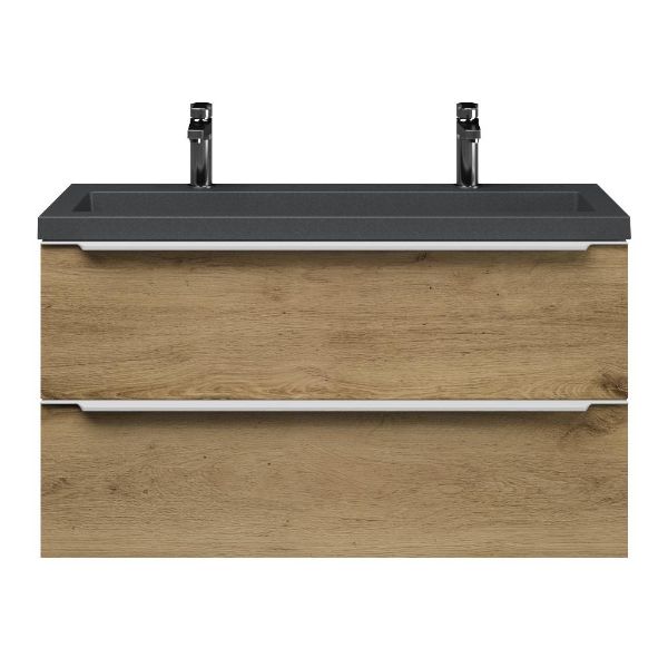 Bellanti Ambra/Esta-Q ondiep badmeubel 100x36 2 softclose laden warm eiken met greep naar keuze met quartz wastafel mat grijs met 2 kraangaten zonder overloop