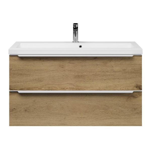 Bellanti Ambra/Esta ondiep badmeubel 100x36 2 softclose laden warm eiken met greep naar keuze met polystone wastafel mat wit met 1 kraangat met overloop
