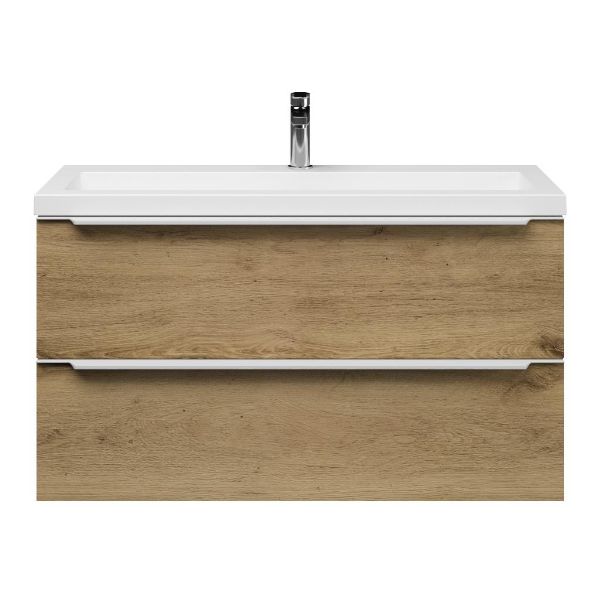 Bellanti Ambra/Esta-Q ondiep badmeubel 100x36 2 softclose laden warm eiken met greep naar keuze met quartz wastafel mat wit met 1 kraangat zonder overloop