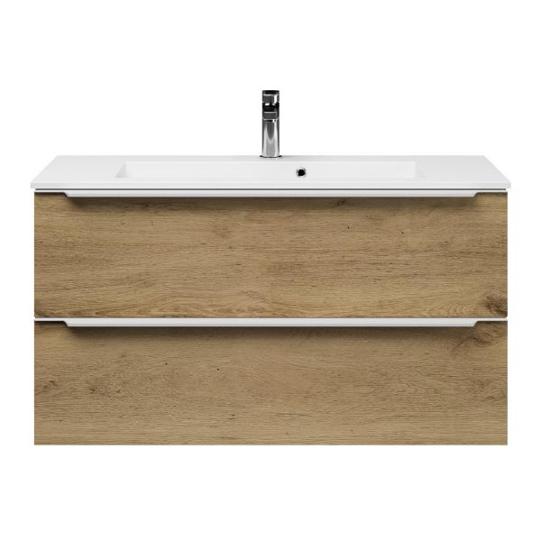 Bellanti Ambra/Compact ondiep badmeubel 100x36 2 softclose laden warm eiken met greep naar keuze keramische wastafel wit met 1 kraangat