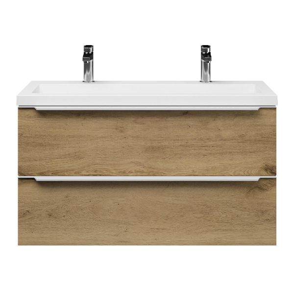 Bellanti Ambra/Esta ondiep badmeubel 100x36 2 softclose laden warm eiken met greep naar keuze polystone wastafel wit met 2 kraangaten