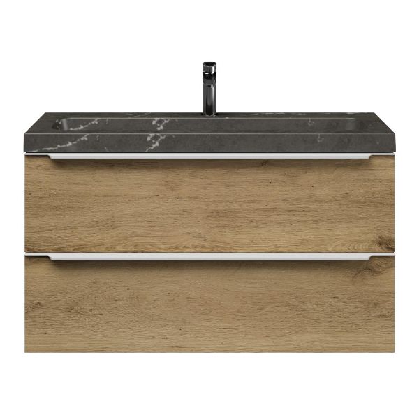 Bellanti Ambra/stone ondiep badmeubel 100x36 2 softclose laden warm eiken met greep naar keuze natuursteen bluestone wastafel met 1 kraangat