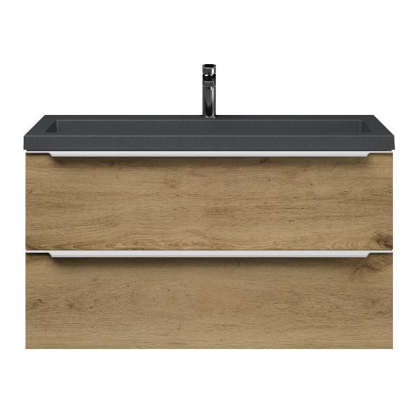 Bellanti Ambra/Esta-Q ondiep badmeubel 100x36 2 softclose laden warm eiken met greep naar keuze met quartz wastafel mat grijs met 1 kraangat zonder overloop