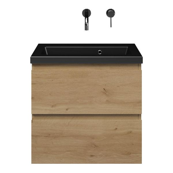 Bellanti Secca/Amelia ondiep badmeubel 60x36 2 softclose laden eiken natuur greeploos keramisch wastafel mat zwart zonder kraangaten
