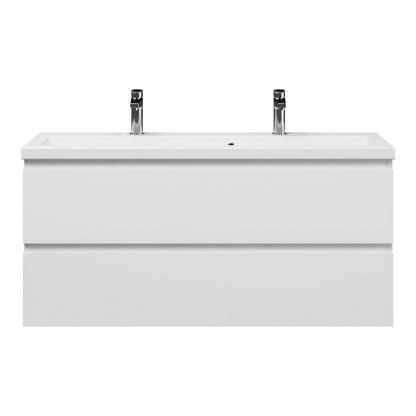Bellanti Secca/Amelia ondiep badmeubel 120x36 2 softclose laden wit hoogglans greeploos keramische wastafel wit met 2 kraangaten