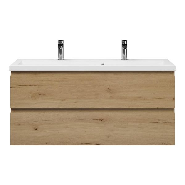 Bellanti Secca/Amelia ondiep badmeubel 120x36 2 softclose laden natuur eiken greeploos keramische wastafel wit met 2 kraangaten