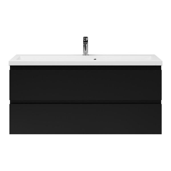 Bellanti Secca/Amelia ondiep badmeubel 120x36 2 softclose laden mat zwart greeploos keramische wastafel wit met 1 kraangat