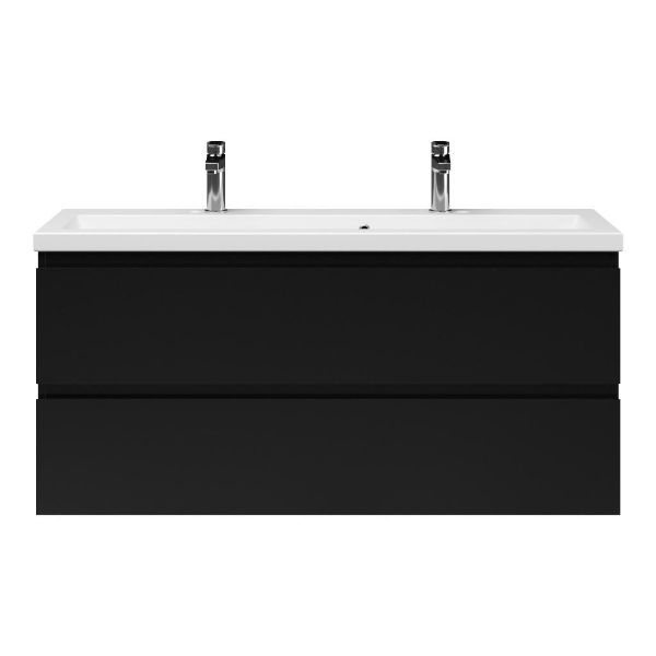 Bellanti Secca/Amelia ondiep badmeubel 120x36 2 softclose laden mat zwart greeploos keramische wastafel mat wit met 2 kraangaten