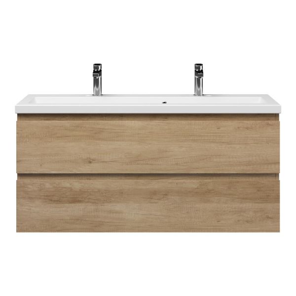 Bellanti Secca/Amelia ondiep badmeubel 120x36 2 softclose laden olm greeploos keramische wastafel mat wit met 2 kraangaten