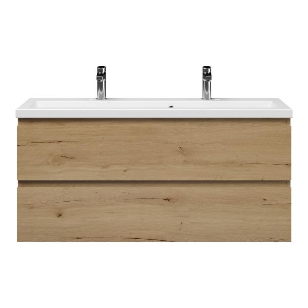 Bellanti Secca/Amelia ondiep badmeubel 120x36 2 softclose laden natuur eiken greeploos keramische wastafel mat wit met 2 kraangaten