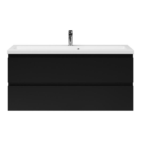 Bellanti Secca/Amelia ondiep badmeubel 120x36 2 softclose laden mat zwart greeploos keramische wastafel mat wit met 1 kraangat