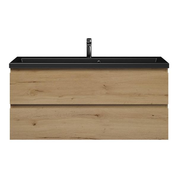 Bellanti Secca/Amelia ondiep badmeubel 120x36 2 softclose laden natuur eiken greeploos keramische wastafel mat zwart met 1 kraangat