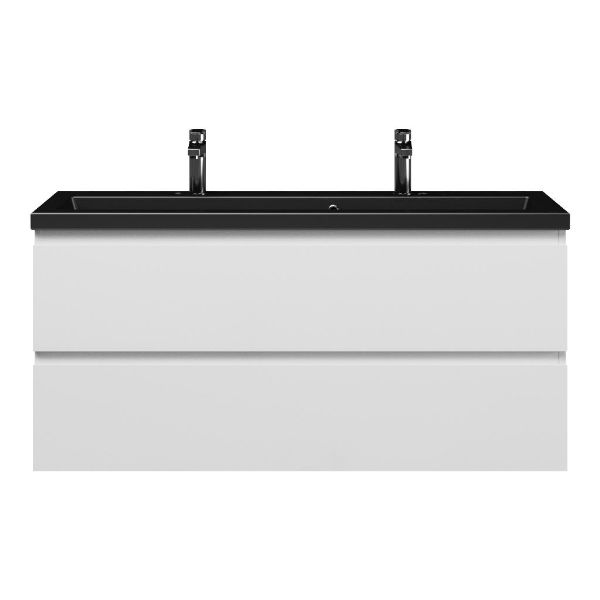 Bellanti Secca/Amelia ondiep badmeubel 120x36 2 softclose laden wit hoogglans greeploos keramische wastafel mat zwart met 2 kraangaten