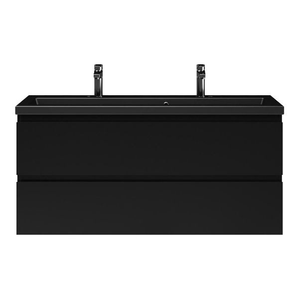 Bellanti Secca/Amelia ondiep badmeubel 120x36 2 softclose laden mat zwart greeploos keramische wastafel mat zwart met 2 kraangaten