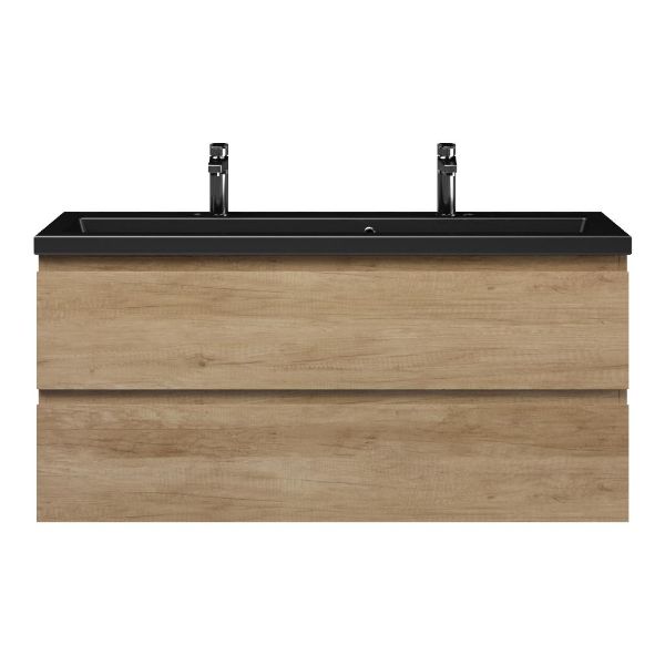 Bellanti Secca/Amelia ondiep badmeubel 120x36 2 softclose laden olm greeploos keramische wastafel mat zwart met 2 kraangaten