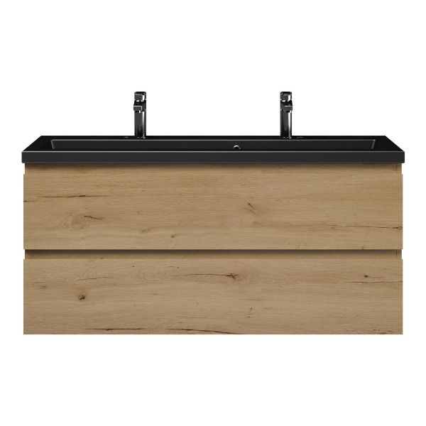 Bellanti Secca/Amelia ondiep badmeubel 120x36 2 softclose laden natuur eiken greeploos keramische wastafel mat zwart met 2 kraangaten