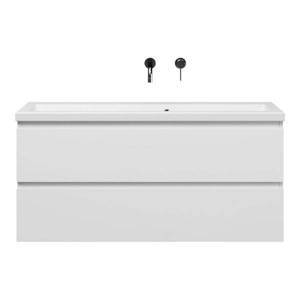 Bellanti Secca/Amelia ondiep badmeubel 120x36 2 softclose laden wit hoogglans greeploos keramische wastafel mat wit zonder kraangaten