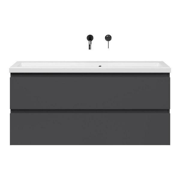 Bellanti Secca/Amelia ondiep badmeubel 120x36 2 softclose laden mat antraciet greeploos keramische wastafel mat wit zonder kraangaten