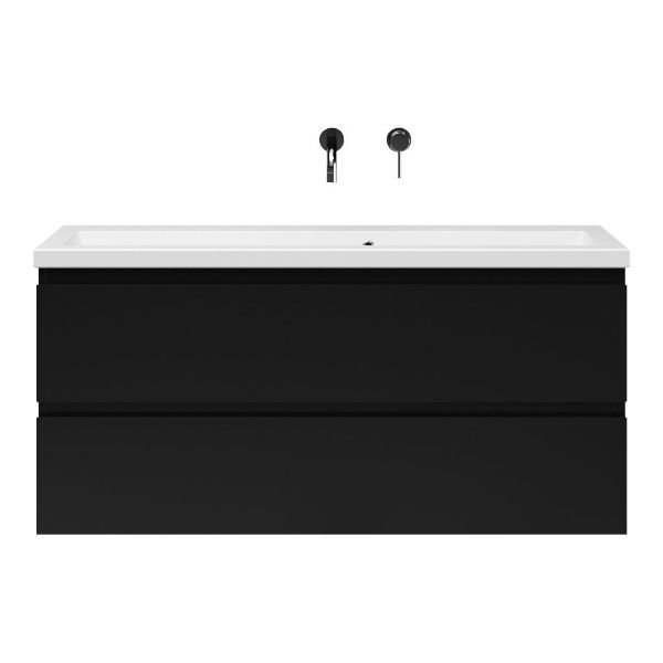 Bellanti Secca/Amelia ondiep badmeubel 120x36 2 softclose laden mat zwart greeploos keramische wastafel mat wit zonder kraangaten