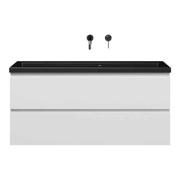 Bellanti Secca/Amelia ondiep badmeubel 120x36 2 softclose laden wit hoogglans greeploos keramische wastafel mat zwart zonder kraangaten