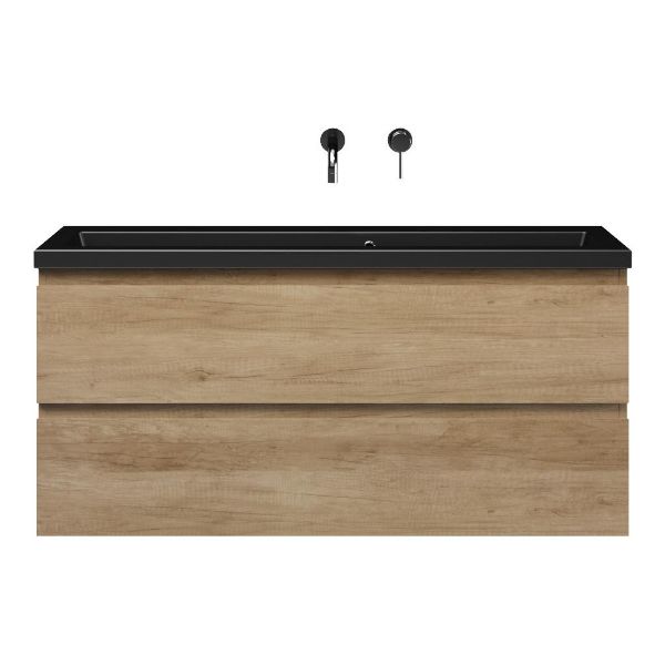 Bellanti Secca/Amelia ondiep badmeubel 120x36 2 softclose laden olm greeploos keramische wastafel mat zwart zonder kraangaten