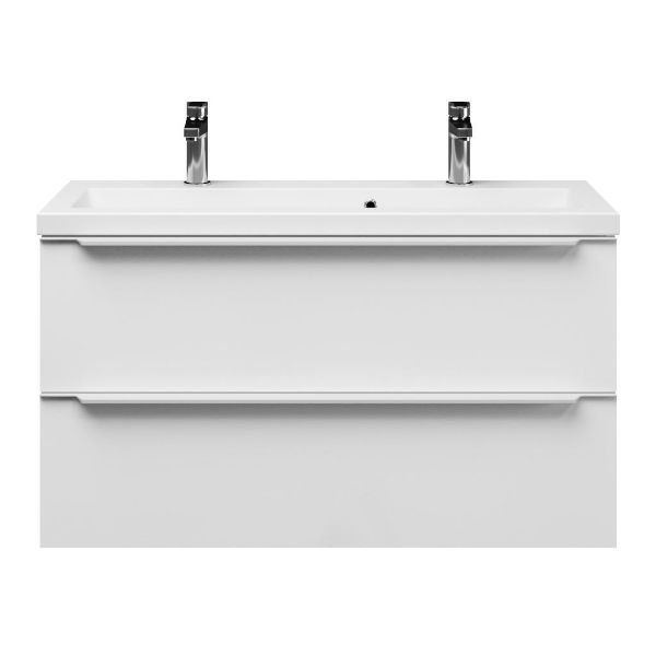 Bellanti Ambra/Amelia ondiep badmeubel 100x36 2 softclose laden wit hoogglans met greep naar keuze keramische wastafel wit met 2 kraangaten