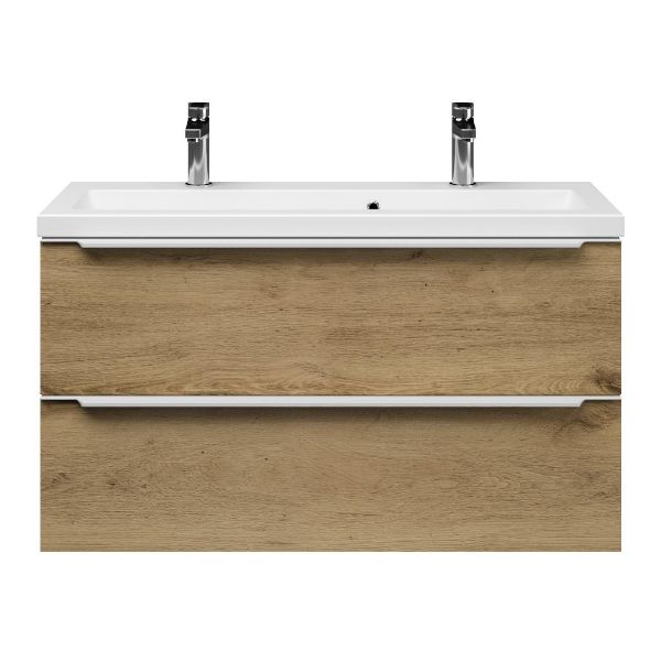 Bellanti Ambra/Amelia ondiep badmeubel 100x36 2 softclose laden warm eiken met greep naar keuze keramische wastafel mat wit met 2 kraangaten