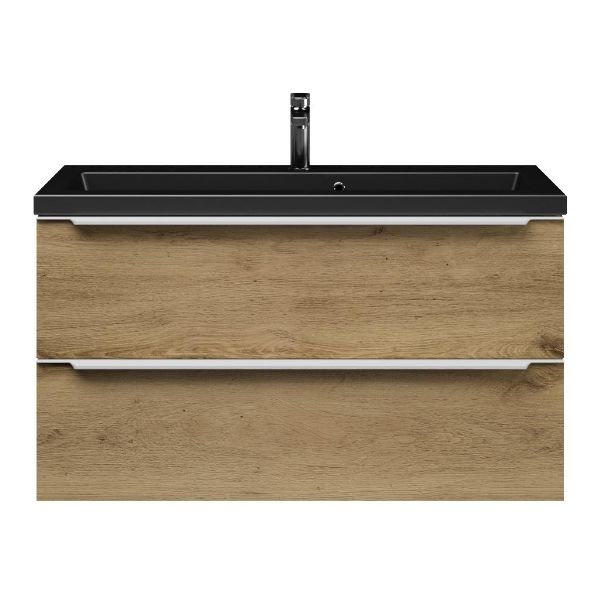 Bellanti Ambra/Amelia ondiep badmeubel 100x36 2 softclose laden warm eiken met greep naar keuze keramische wastafel mat zwart met 1 kraangat