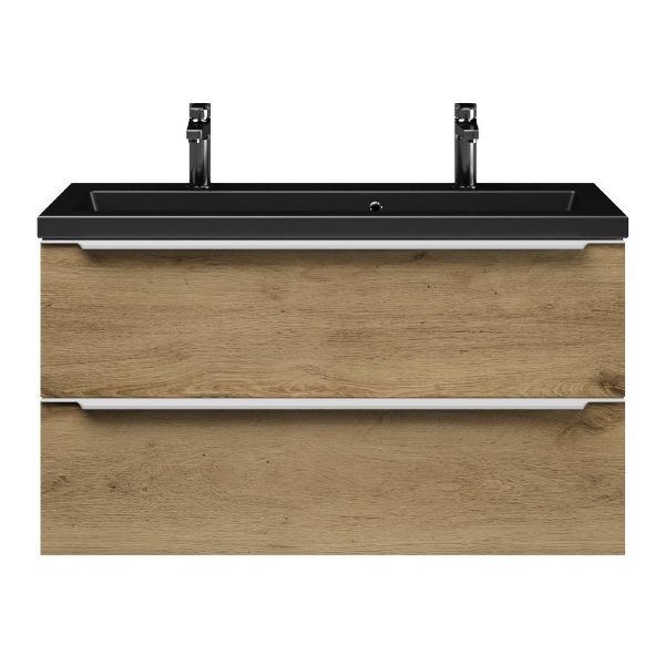 Bellanti Ambra/Amelia ondiep badmeubel 100x36 2 softclose laden warm eiken met greep naar keuze keramische wastafel mat zwart met 2 kraangaten