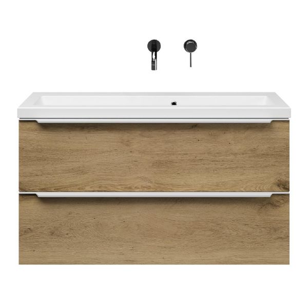 Bellanti Ambra/Amelia ondiep badmeubel 100x36 2 softclose laden warm eiken met greep naar keuze keramische wastafel mat wit zonder kraangaten